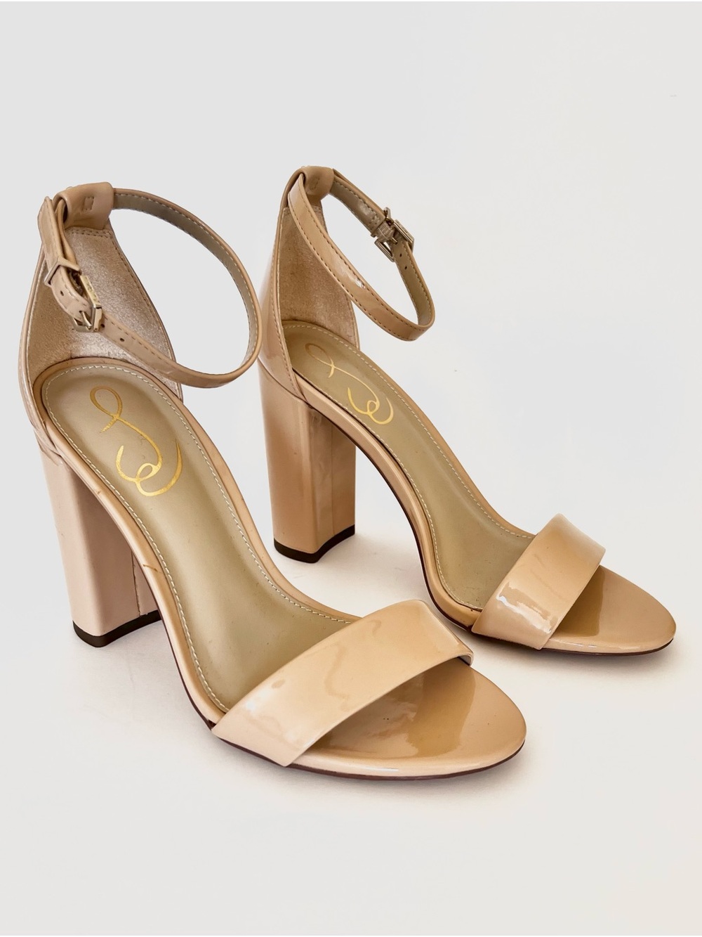 Sam Edelman Yaro Nude Patent Block Heel Sandals with Ankle Strap